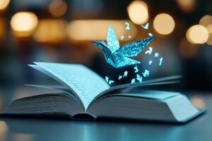 Open book with glowing origami bird and floating letters and numbers